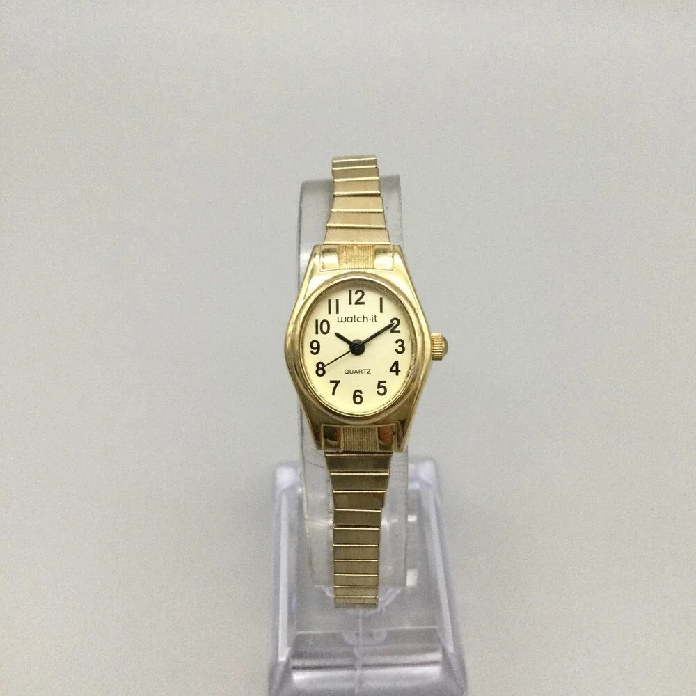 Watch-It Womens Watch 19mm White Dial Gold Tone Stretch Band New Battery